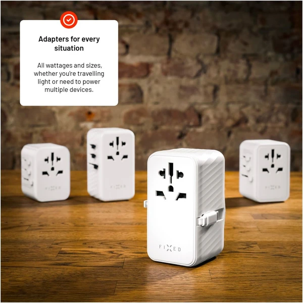 FIXED Voyager (120W) cestovný adaptér EU/UK/USA/AUS, 3xUSB-C a 1xUSB, GaN, PD, biely - Nabíjačky - Obrázok e6b868cf3d424c78bf51a71223f12f6f