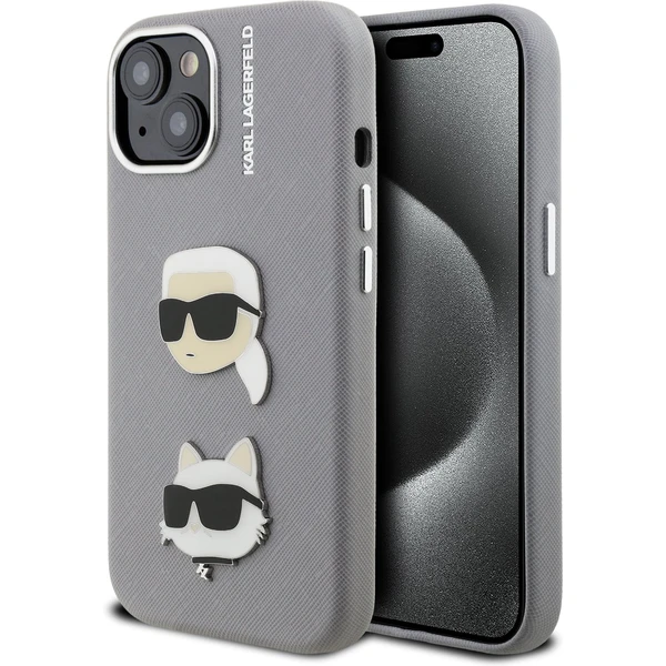Karl Lagerfeld Grained PU K&CH Heads kryt iPhone 15 sivý - Puzdra - Hlavný obrázok
