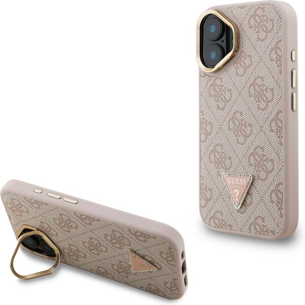 Guess PU 4G Strass Triangle Logo Stand Camera Frame MagSafe Zadný Kryt pre iPhone 16 Pink