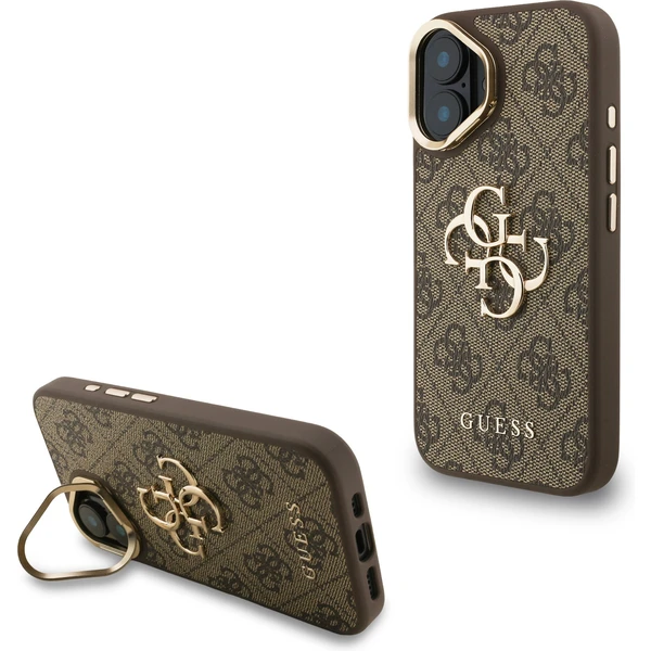 Guess PU 4G Metal Logo Stand Camera Frame kryt iPhone 16 hnedý - Puzdra - Hlavný obrázok