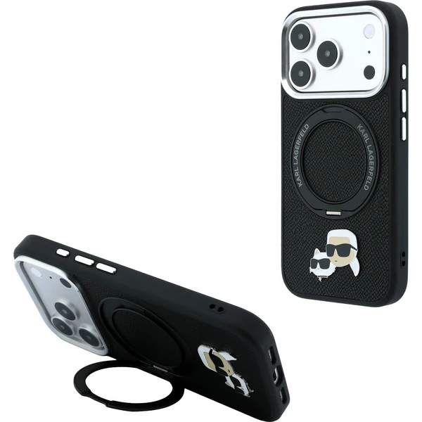 Karl Lagerfeld PU Grained K&CH Heads Ring Stand Magsafe kryt iPhone 18 Pro černý - Puzdra - Hlavný obrázok