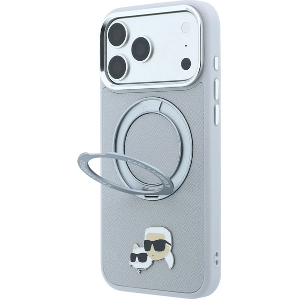 Karl Lagerfeld PU Grained K&CH Heads Ring Stand Magsafe kryt iPhone 18 Pro šedý - Puzdra - Obrázok eb95a4ab8c7c4c85ae8cca9a0a7f3268