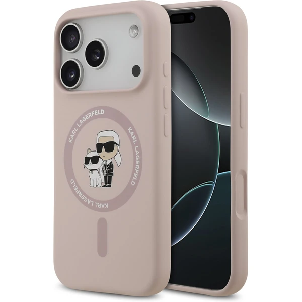 Karl Lagerfeld Liquid Silicone Karl a Choupette MagSafe kryt iPhone 17 Pro ružový - Puzdra - Hlavný obrázok