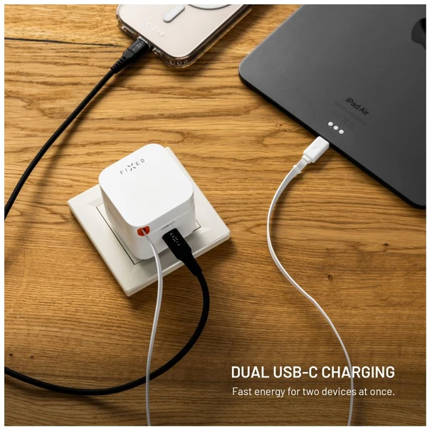 FIXED GaN nabíjačka s 2xUSB-C, PD 3.0, s automaticky navíjacím káblom, 65W, biela - Nabíjačky - Obrázok edffb744af3b47c4a1bb5f4cb25e342f