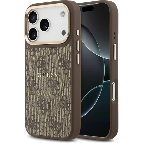 Guess PU Leather 4G Gold Frame MagSafe kryt iPhone 17 Pro hnedý - Puzdra - Hlavný obrázok