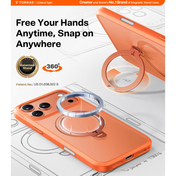 Torras Ostand Q3 Spin MagSafe kryt iPhone 17 Pro energy oranžová - Puzdra - Obrázok f0fb367f30fa4e599ff457d857f84907