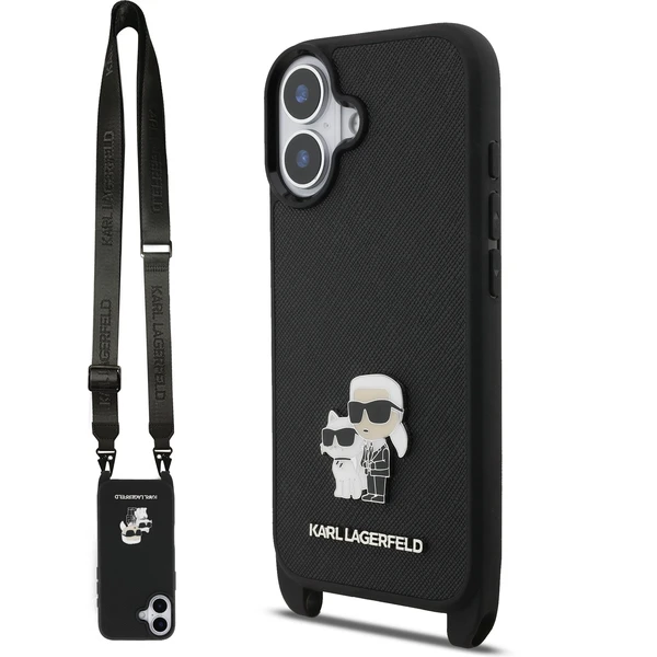 Karl Lagerfeld Saffiano Crossbody Popruh Metal Karl and Choupette kryt iPhone 17 čierny - Puzdra - Hlavný obrázok