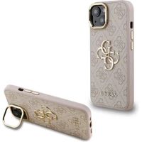 Guess PU 4G Metal Logo Stand Camera Frame kryt iPhone 15 ružový - Puzdra