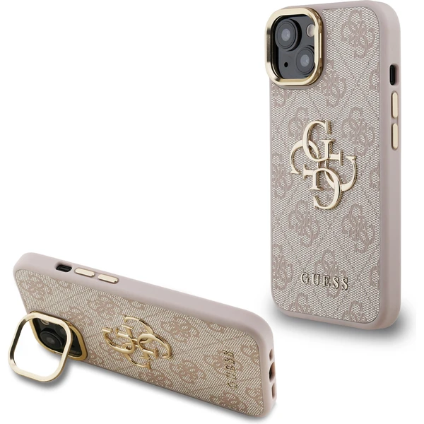 Guess PU 4G Metal Logo Stand Camera Frame kryt iPhone 15 ružový - Puzdra - Hlavný obrázok
