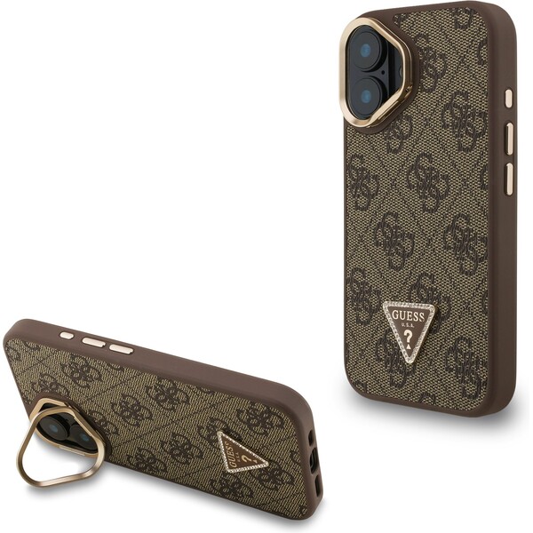 Guess PU 4G Strass Triangle Logo Stand Camera Frame MagSafe Zadný Kryt pre iPhone 16 Brown