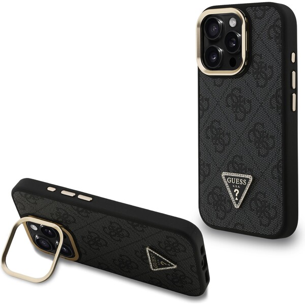 Guess PU 4G Strass Triangle Logo Stand Camera Frame MagSafe Zadný Kryt pre iPhone 15 Pro Black