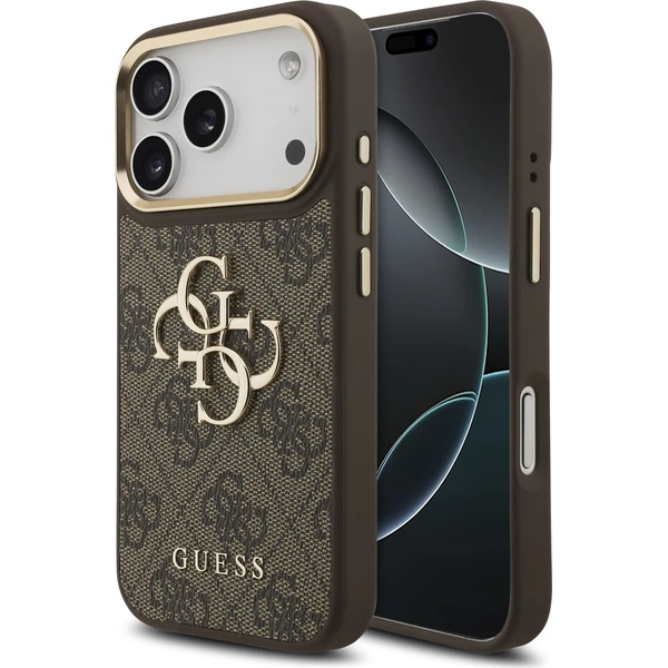 Guess PU Leather 4G Metal Logo Gold Frame Zadný Kryt pre iPhone 18 Pro Brown - Puzdra - Hlavný obrázok