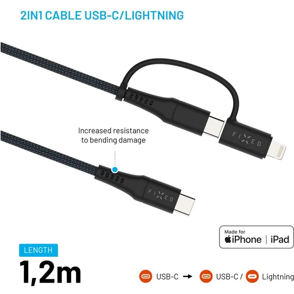FIXED nabíjací kábel s USB-C/USB-C a Lightning, 1.2m, MFi, PD 60W, sivý - Káble - Obrázok f96e3f276ed64d518ae4e41af33a8417