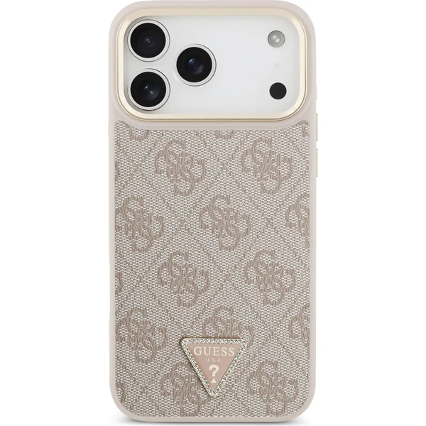 Guess PU Leather 4G Strass Triangle Logo Gold Frame MagSafe Zadný Kryt pre iPhone 18 Pro Max Pink - Puzdra - Obrázok f97629df9a2e4fa284b6e82804708818
