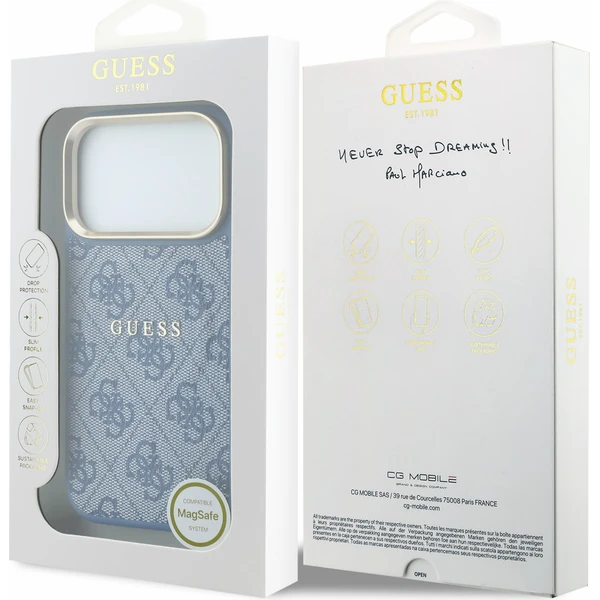 Guess PU Leather 4G Gold Frame Embossed MagSafe Zadný Kryt pre iPhone 18 Pro Blue - Puzdra - Obrázok fb3849fb26b64dfbb21fdac530b2b9ed