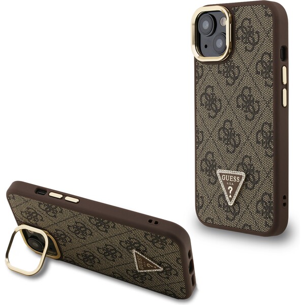Guess PU 4G Strass Triangle Logo Stand Camera Frame MagSafe Zadný Kryt pre iPhone 13 Brown