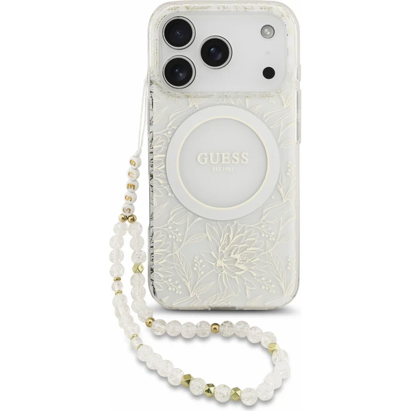 Guess IML Flowers Allover Strap MagSafe Zadný kryt pre iPhone 18 Pro White - Puzdra - Hlavný obrázok