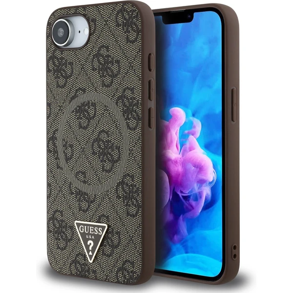 Guess PU 4G Strass Trojuholníkový kovový logo kryt iPhone 17e/16e hnedý - Puzdra - Hlavný obrázok