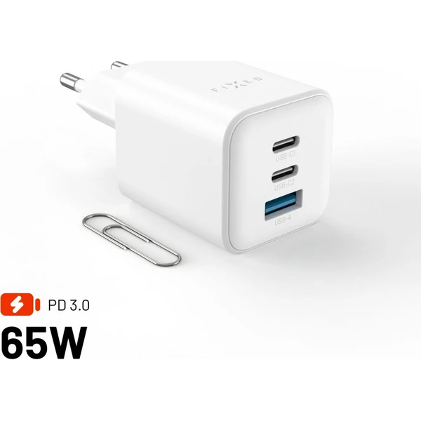 FIXED Mini GaN nabíjačka s 2x USB-C/USB-A a podporou PD, 65W, biela - Nabíjačky - Hlavný obrázok