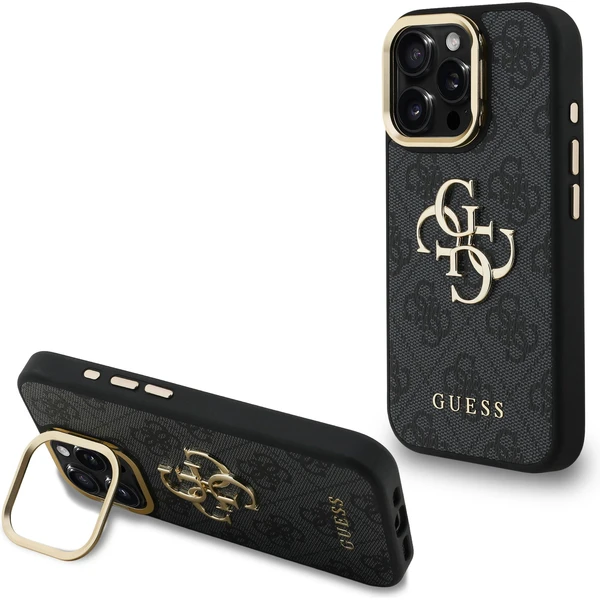 Guess PU 4G Metal Logo Stand Camera Frame kryt iPhone 15 Pre čierny - Puzdra - Hlavný obrázok