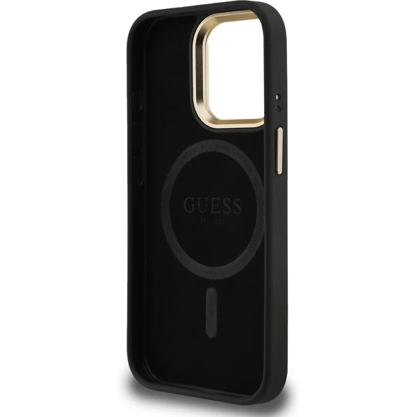 Guess PU 4G Strass Triangle Logo Stand Camera Frame MagSafe kryt iPhone 15 Pro Max čierny - Puzdra - Obrázok fef914ac2d9744c494bd84a2e1abb05a